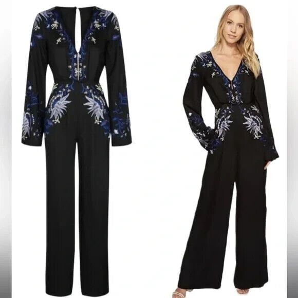 Free People Pants - Free People Gypsy Rose Jumpsuit Floral Embroidered Black Size 4 Wide Leg NWT$350